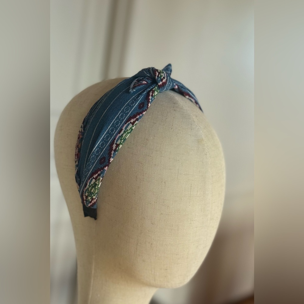 Anthropologie Blue Patterned Headband with Bow